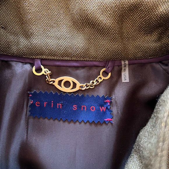 Erin Snow Shimmer Gold Metallic Green Jacket With Suede Leather Trim M - Picture 11 of 15